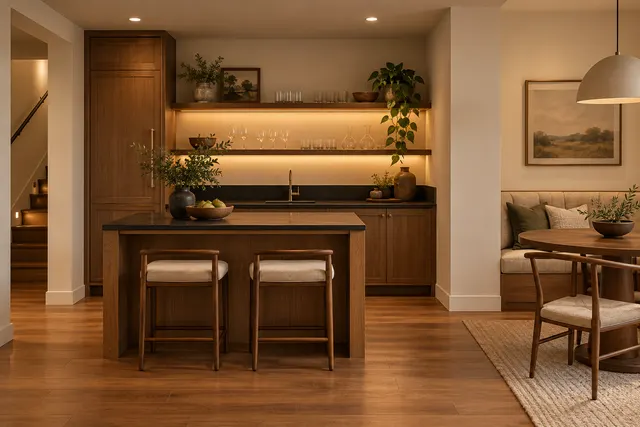 Design inspiration: oak wet bar and a small gathering space