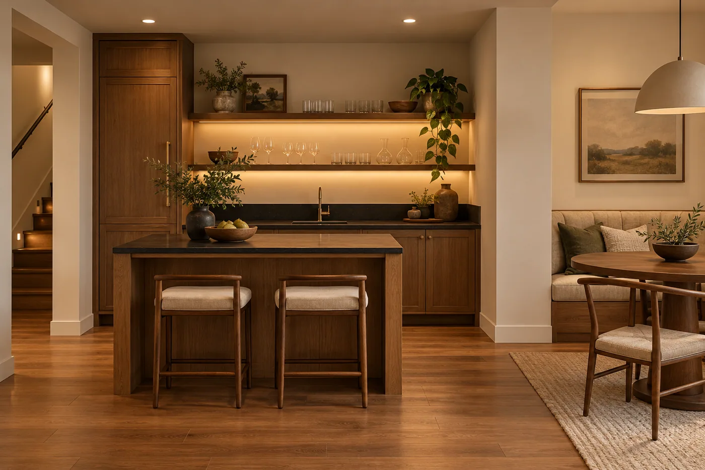 Design inspiration: oak wet bar and a small gathering space