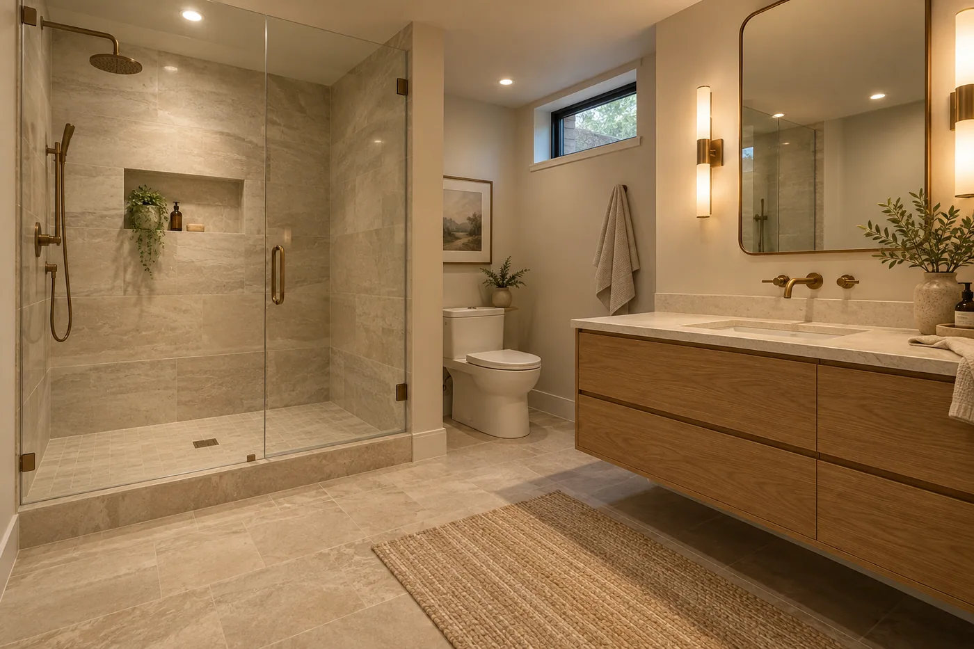 Design inspiration: basement bathroom with oak vanity and glass shower