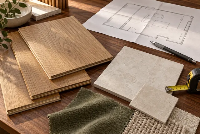 Design inspiration: oak, tile and fabric samples on a planning table