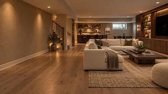 Design inspiration: warm basement living room with oak cabinetry and soft seating
