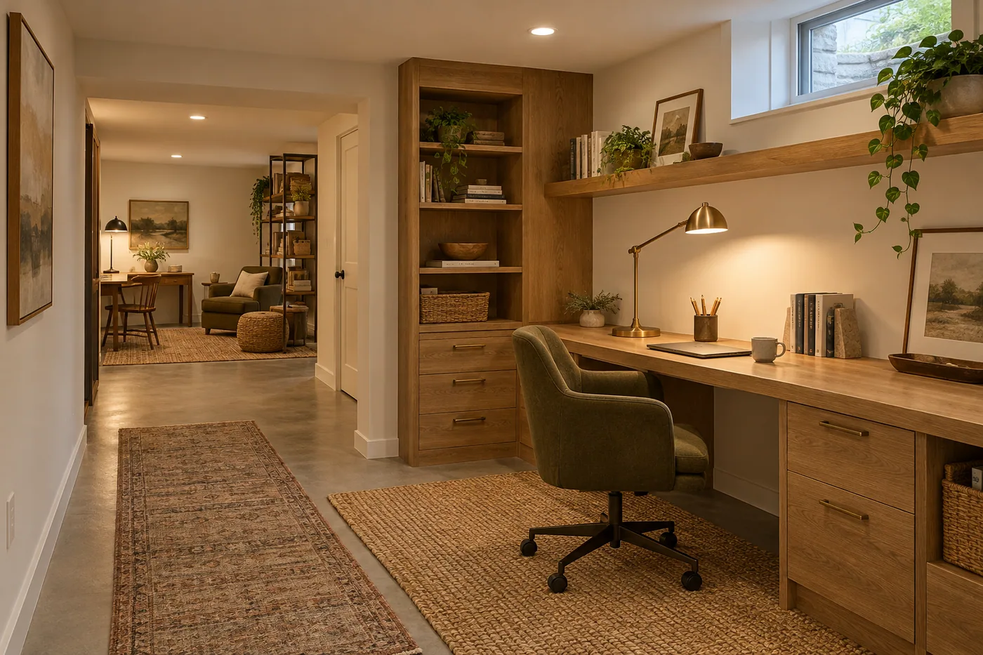 Design inspiration: basement office with a built-in oak desk