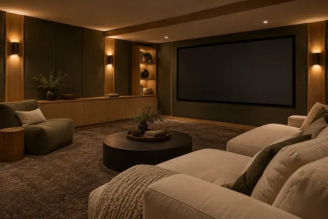Design inspiration: basement media room with soft seating and a dark screen