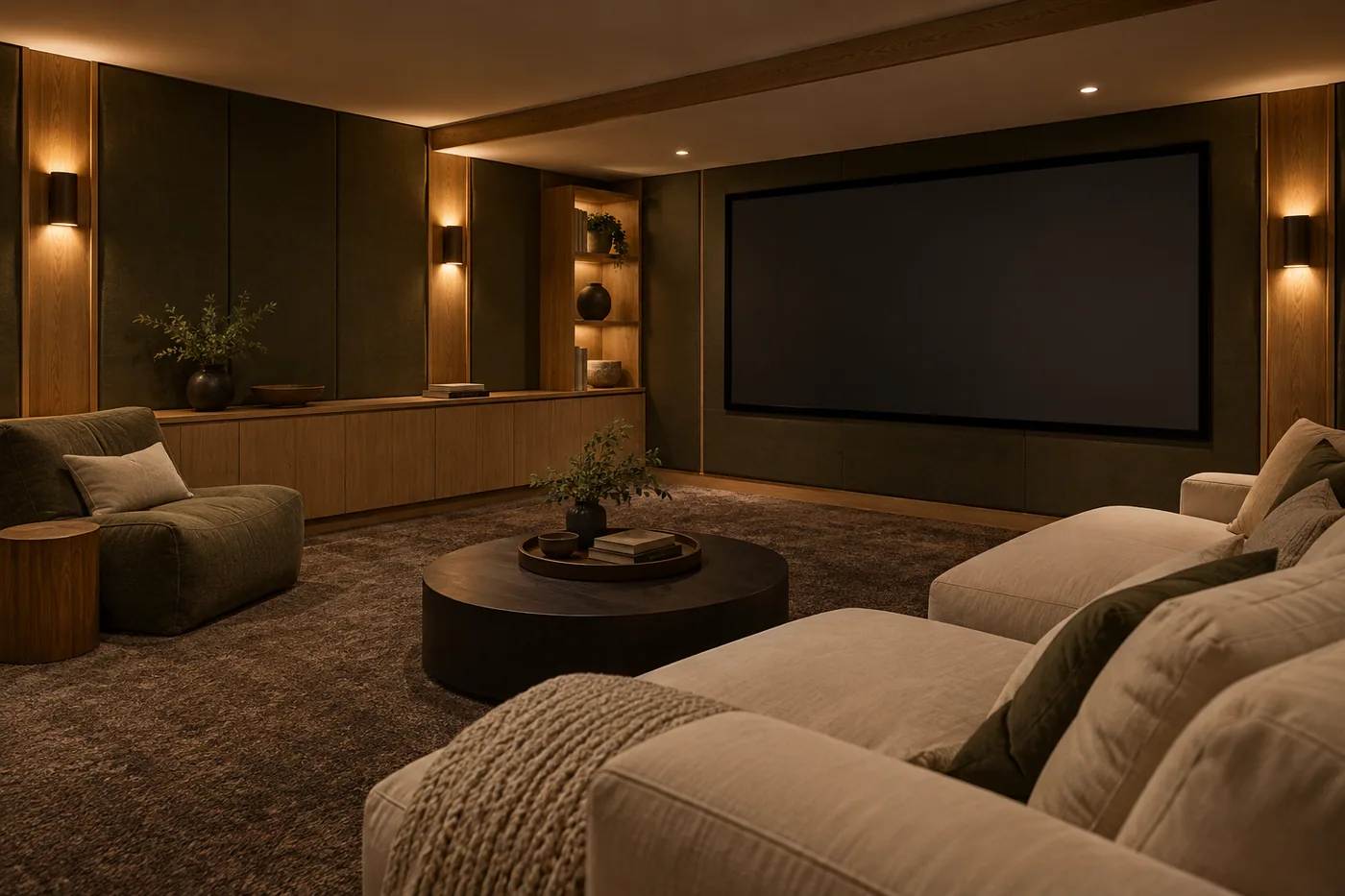 Design inspiration: basement media room with soft seating and a dark screen