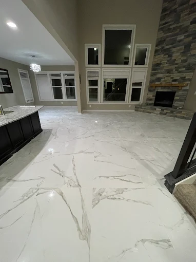 Calacatta marble porcelain tile floor installation Carmel Indiana — Homerix Inc